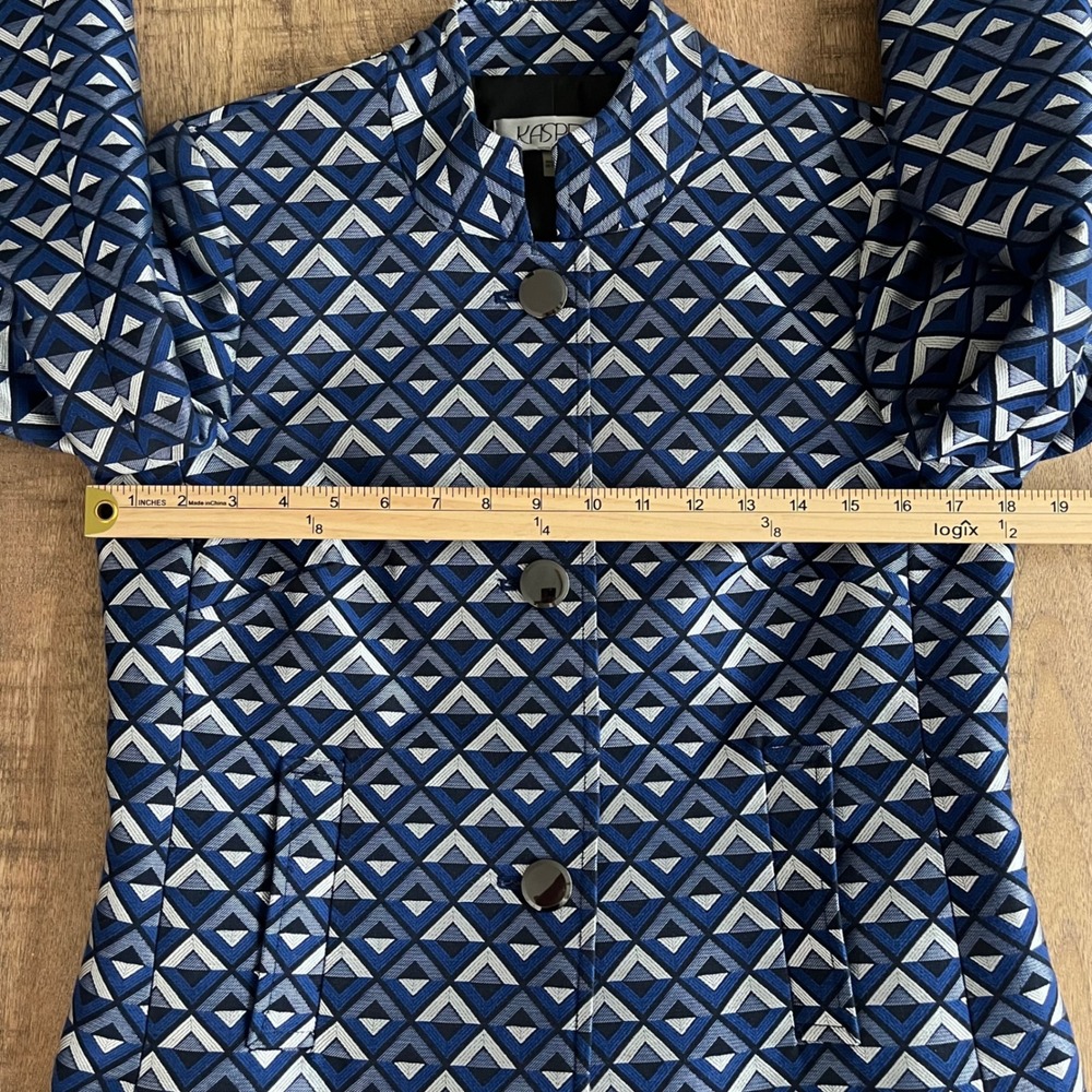 Kasper Womens Blue Geometric Triangle Jacquard Mandarin Collar Blazer Jacket 4 - Picture 8 of 10